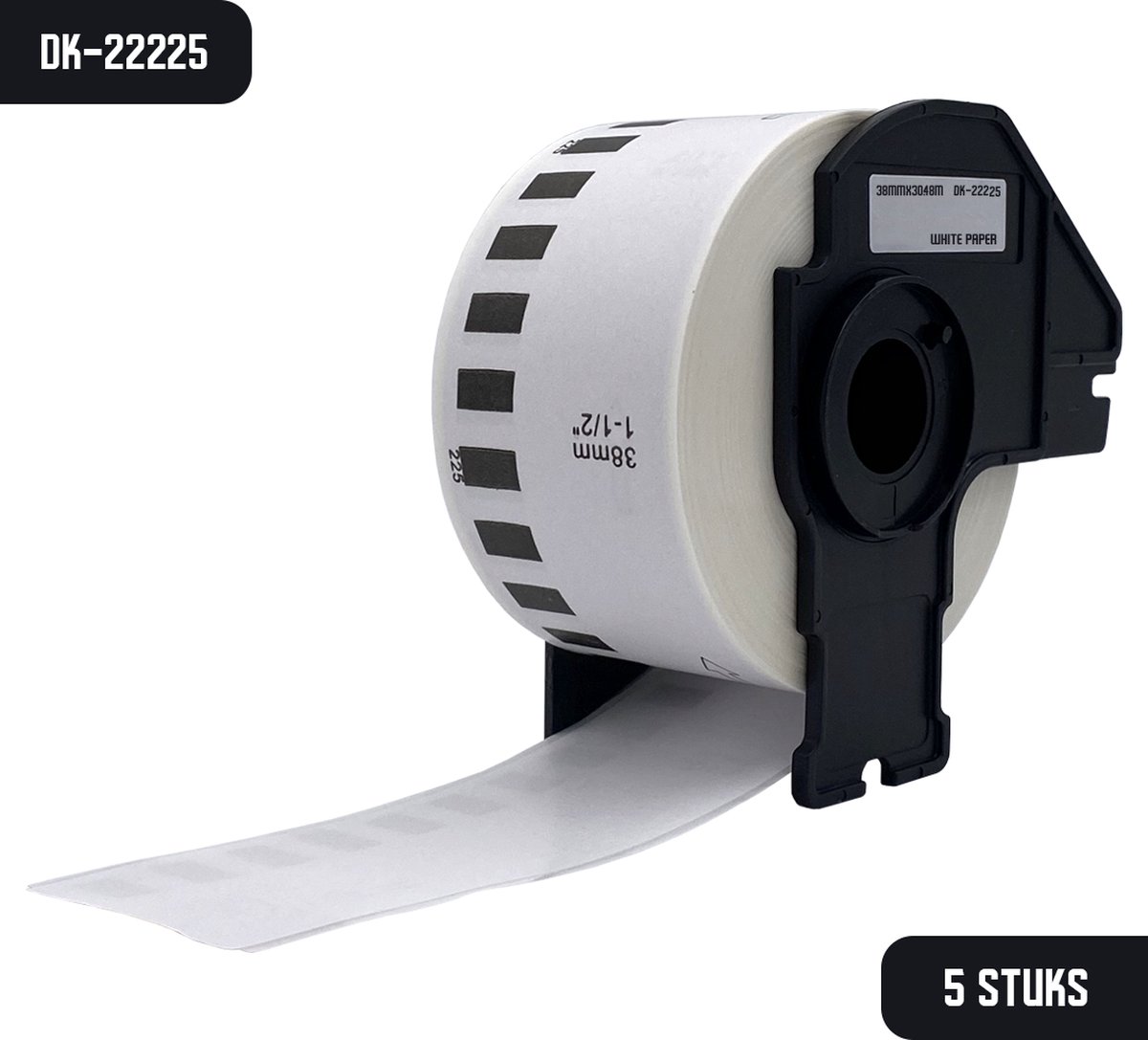 DULA Brother Compatible DK-22225 - Doorlopende labelrol - 5 rollen - 38 mm x 30,48 m - Zwart op wit - Papier