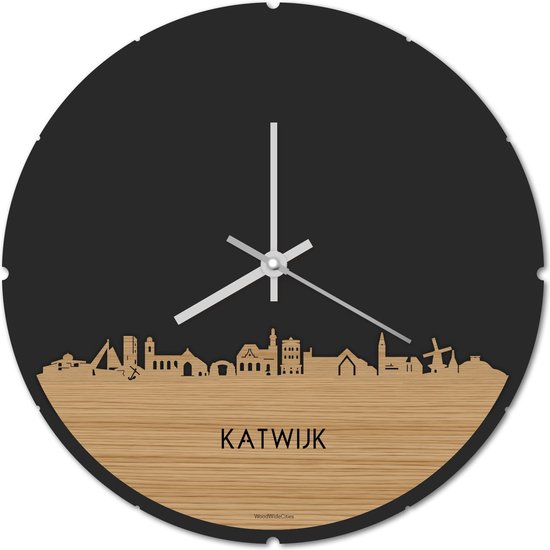 Skyline Klok Rond Katwijk Bamboe hout - Ø 44 cm - Stil uurwerk - Wanddecoratie - Meer steden beschikbaar - Woonkamer idee - Woondecoratie - City Art - Steden kunst - Cadeau voor hem - Cadeau voor haar - Jubileum - Trouwerij - Housewarming -