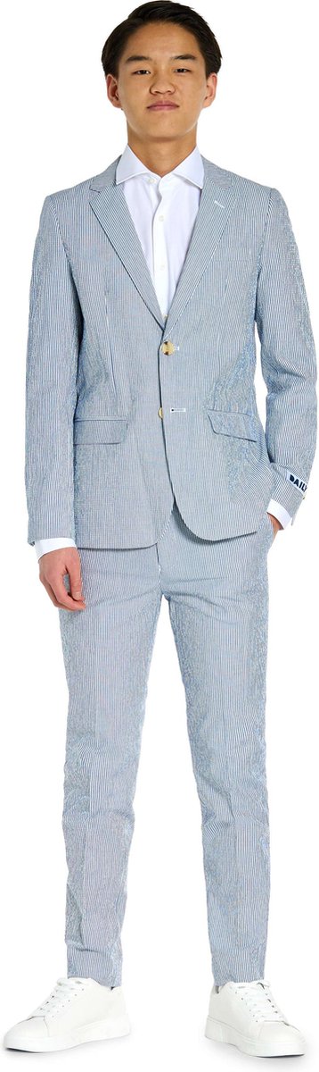 OppoSuits Daily Seer Sucker - Casual Tiener Pak - Voor Bruiloften, Schoolfeesten en Casual Chic - Inclusief Pantalon en Blazer - Blauw - Maat: EU 134/140 - 10 Jaar