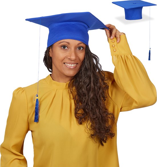 Chapeau de graduation Relaxdays avec pompon - lot de 2 - casquette de graduation - réussi - université - bleu