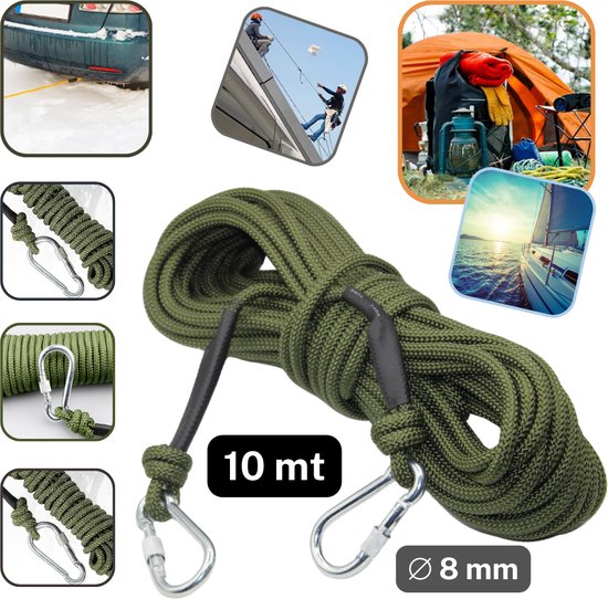 CORDE/CORDE POLYESTER De 10 Mètres Avec 2 CROCHETS MOUSQUETONS, Diamètre 8MM, Couleur KAKI