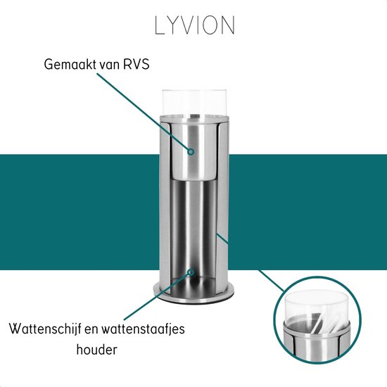 LYVION Wattenschijf en wattenstaafjes houder - Wattendispenser - Wattenhouder - Wattenbollen houder - Wattenstaafdinspenser - Wattenpot - Met deksel - 2 in 1 - Zilver - RVS - LYVION