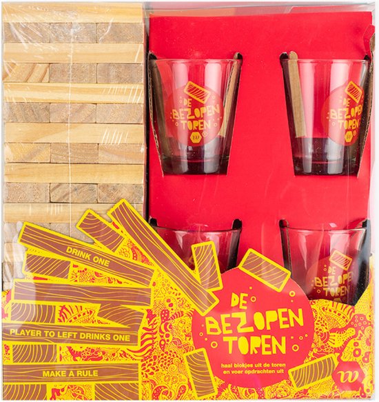 De Bezopen Toren - Incl. 4 schotglaasjes & Jenga toren - Drankspel - Alcohol - Drinkspel - Drankspelletjes - Drankspel kaarten - Zuipen - Partygames - Drinking Game - Schotglazen - Cadeau