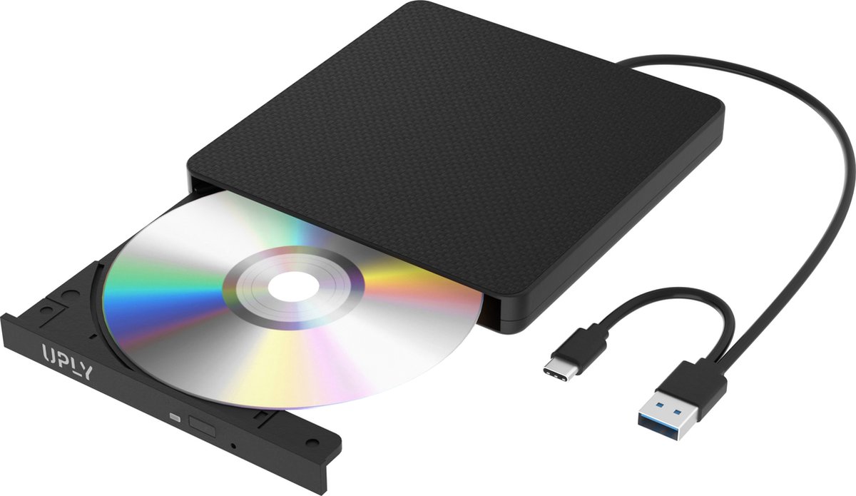 UPLY Externe DVD Speler - Windows en Mac - USB C en USB 3.0 - Externe DVD Speler voor Laptop - Externe DVD Speler en Brander - CD - UPLY