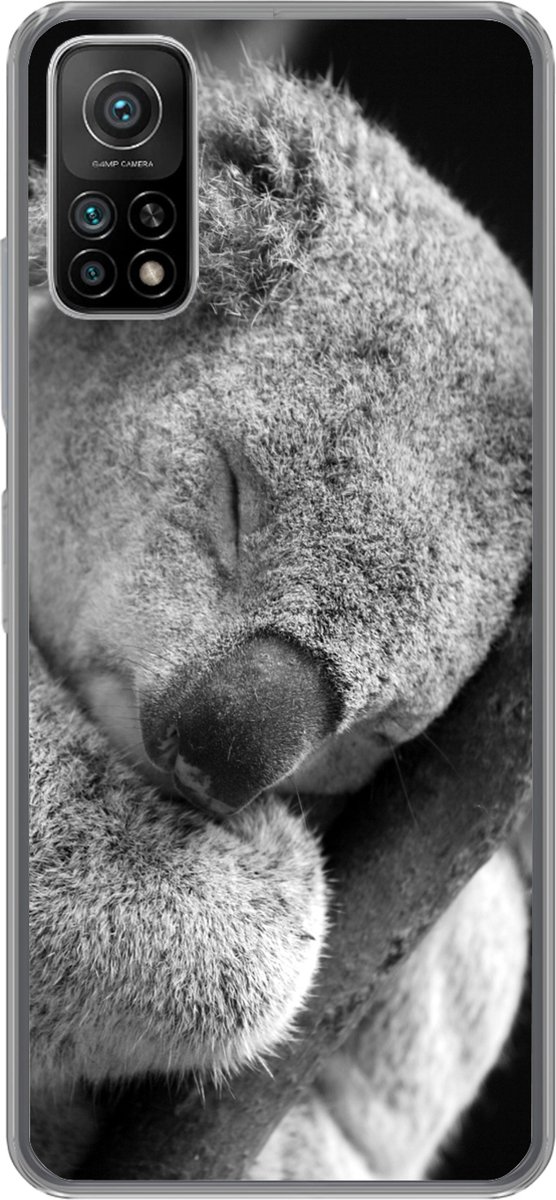 Telefoonhoesje Geschikt voor Xiaomi Mi 10T 5G hoesje - Slapende koala op zwarte achtergrond in zwart-wit - Siliconen Telefoonhoesje Telefoonhoesje