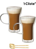 Latte Macchiato Glazen Met Oor - 400 ML - 2 Stuks - Gratis 2x Lepel - Dubbelwandige glazen - Koffieglazen - Cappuccino Glazen - Theeglazen