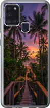 Geschikt voor Samsung Galaxy A21s hoesje - Zonsondergang - Palmbomen - Strand - Siliconen Telefoonhoesje
