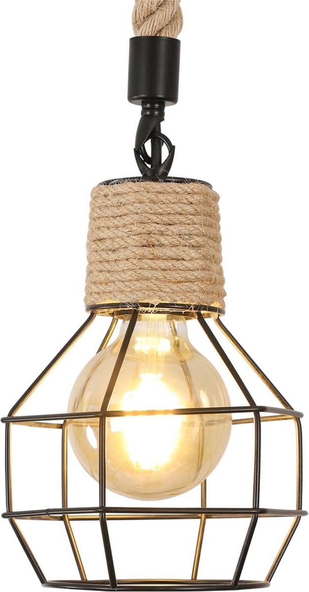 Delaveek-E27 Industriële Vintage Hanglamp-Hennep Touw-Metaal - 15CM- Zwart (lamp niet inbegrepen)