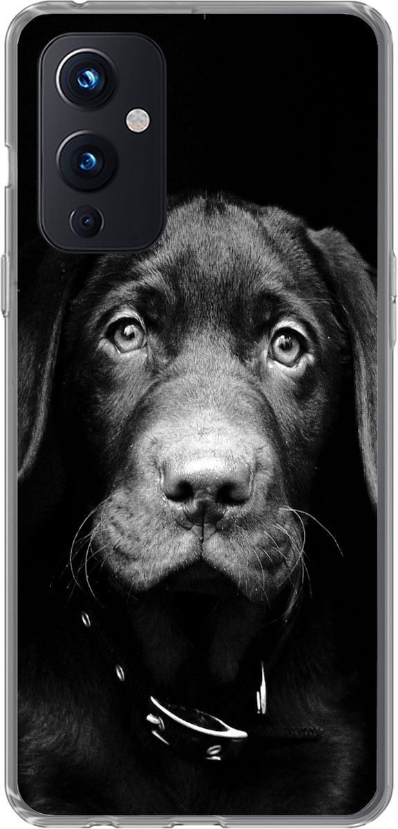 Geschikt voor OnePlus 9 hoesje - Close-up labrador puppy tegen zwarte achtergrond in zwart-wit - Siliconen Telefoonhoesje