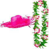 Carnaval verkleed set - Tropische Hawaii party - stro hoed roze - met bloemenslinger groen/roze - volwassenen