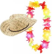 Toppers in concert - Carnaval verkleedset - Tropische Hawaii party - strohoed - en LED lights gekleurde bloemenslinger - voor volwassenen