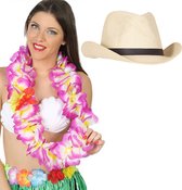 Toppers in concert - Carnaval verkleedset - Tropical Hawaii party - stro cowboy hoed - en volle bloemenslinger paars - voor volwassenen