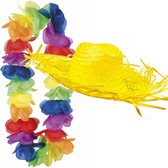 Carnaval verkleedset - Tropical Hawaii party - strohoed geel - en volle bloemenslinger multi colours - voor dames