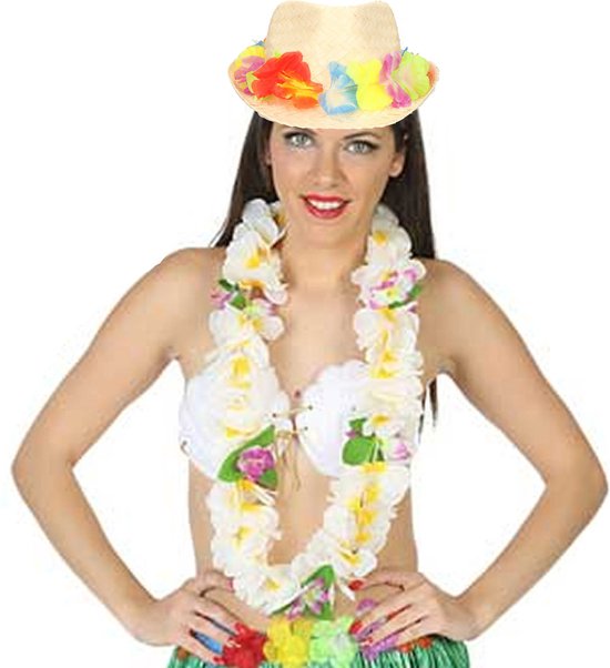 Ensemble de costumes de carnaval - party tropicale hawaïenne - bandeau floral, chapeau de paille - et couronne de fleurs blanches - pour adultes