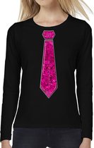 Bellatio Decorations Verkleed shirt dames - stropdas paillet roze - zwart - carnaval - longsleeve XXL