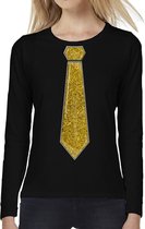Bellatio Decorations Verkleed shirt voor dames - stropdas goud - zwart - carnaval - foute party S