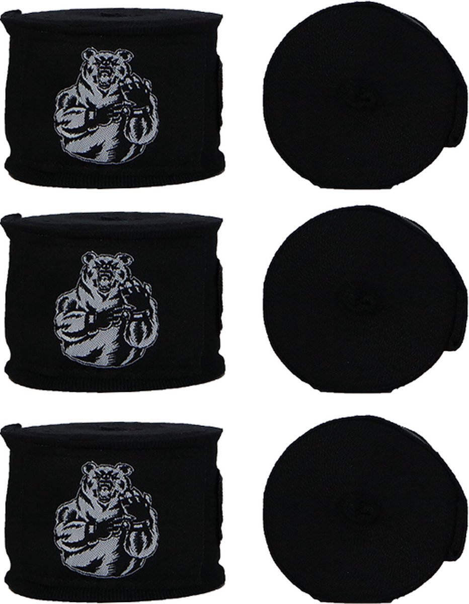 ORCQ Bear boxing handwraps 3 paar - Boks Wraps - Boksbandages - Kickboks bandage - 450cm - 3 paar Zwarte bandages