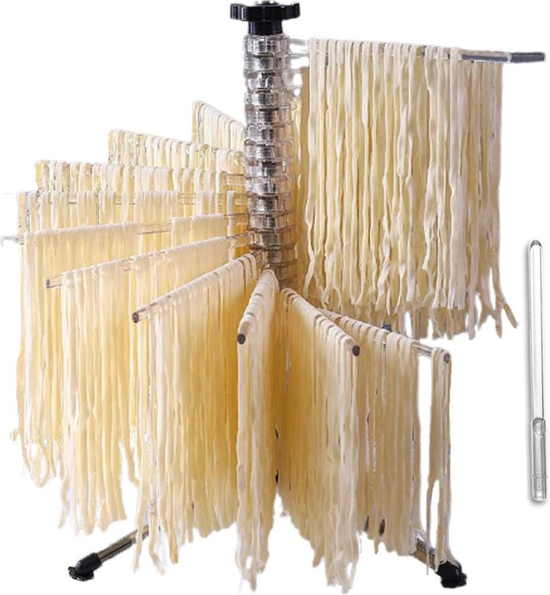 Pastadroger met 16 pinnen, pastadroger met 16 uittrekbare staven voor maximaal 2 kg pastakopjes, handdoeken, geïntegreerde transportstaaf, opvouwbare spaghettidroger, pastadroger.