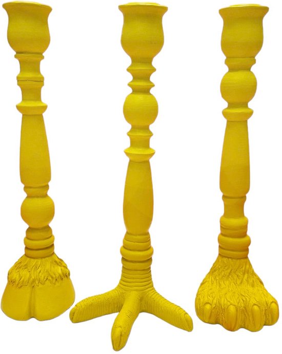 Supervintage kekke kandelaar voor dinerkaars set van 3 dierenpoten - geel 28 cm met bijpassende kaarsen