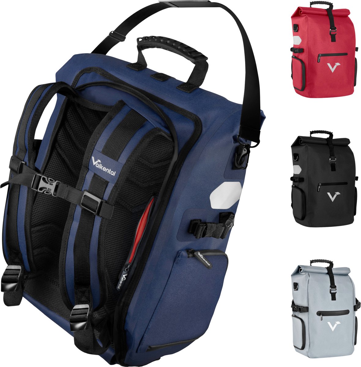 Valkental - ValkPro - duurzame 3-in-1 enkele fietstas - blauw - rugzak,bagagedragertas,schoudertas ineen - laptoptas voor 15 inch - 100% waterdicht - rPET - 26 L rolltop - electrische fietsen - reflectoren - sterk - alle weertypen - vakken