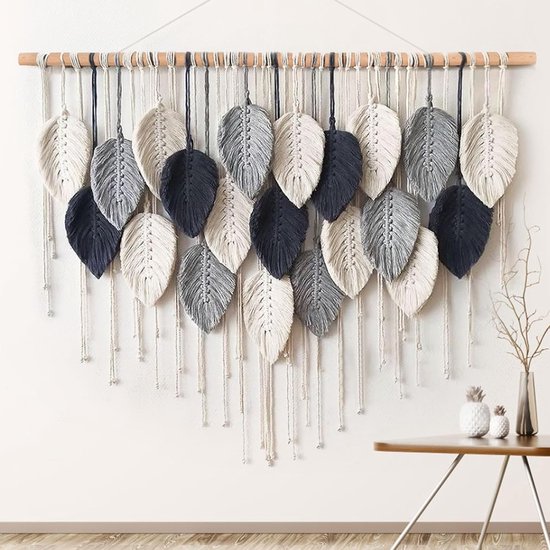 Groot tapisserie, macramé bohème, tissé, pompons faits main, tapisserie feuilles, bohème
