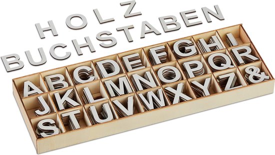 Relaxdays houten letters - 3 cm - 324-delige set - grijs - decoratie kinderkamer - alfabet