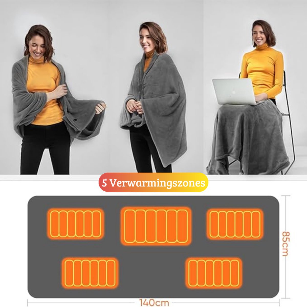 Couverture Chauffante Portable En Cachemire - Batterie 18400mAh, 3 Chaleurs - Gris