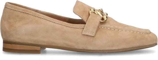 Manfield - Dames - Beige suède loafers met goudkleurig detail - Maat 40