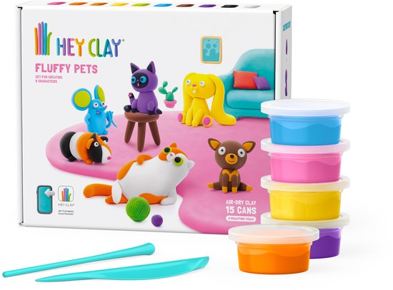 Hey Clay interactieve boetseerkleiset – 6 Huisdieren (15 potjes)