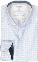 OLYMP 24/7 Level 5 body fit overhemd - dynamic flex - wit met lichtblauw dessin - Strijkvriendelijk - Boordmaat: 41
