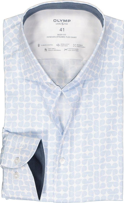 OLYMP 24/7 Level 5 body fit overhemd - dynamic flex - wit met lichtblauw dessin - Strijkvriendelijk - Boordmaat: 40
