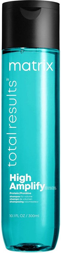 Bouteille de shampooing Matrix High Amplify, 300 ml. Bouteille turquoise avec bouchon noir. Texte : "matrix", "total results", "High Amplify Protein/Protéine shampoo for volume".