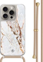 Casimoda® - Coque iPhone 15 Pro avec cordon beige - Marbre doré - Cordon détachable - TPU/polycarbonate