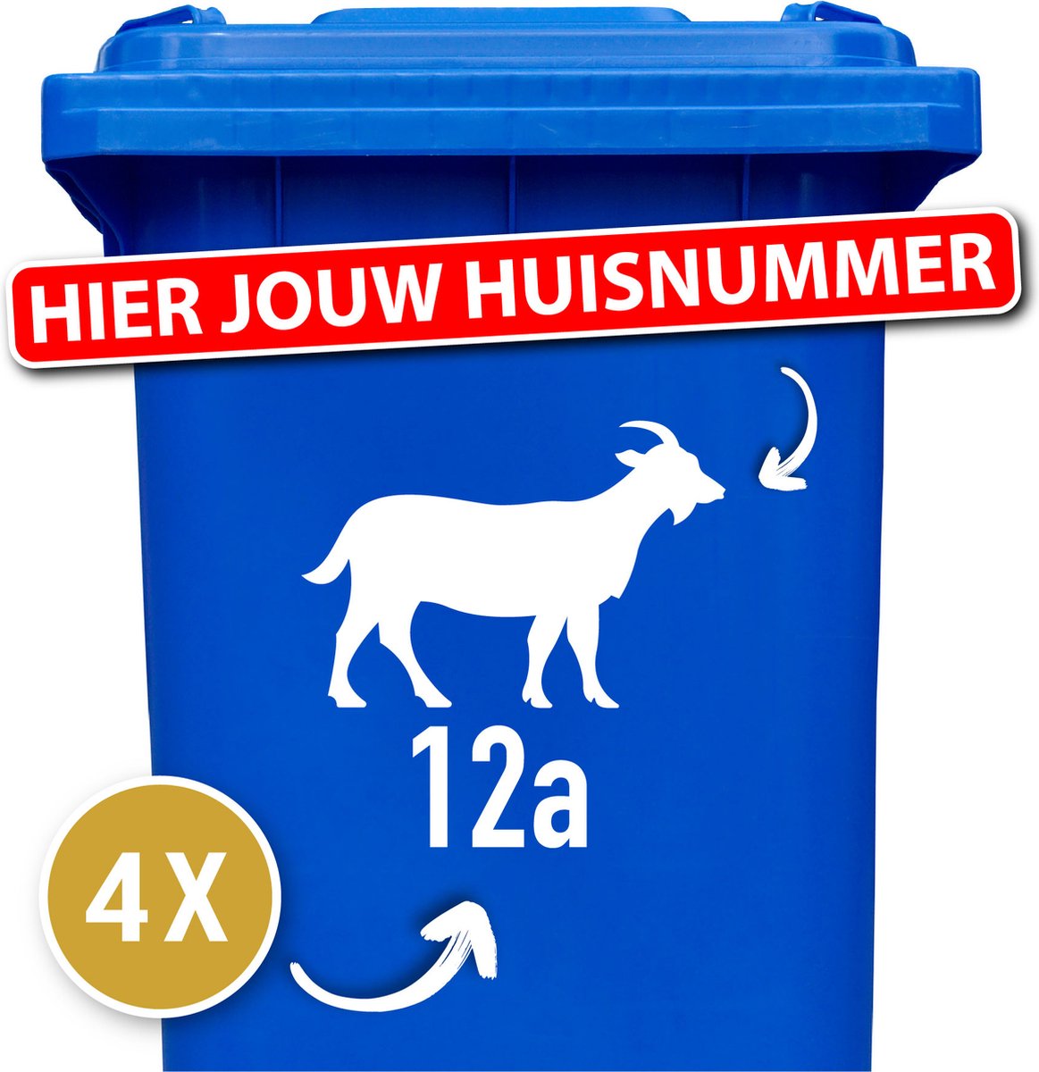 Container Sticker Huisnummer + Geit 4 Stuks - wit - 20 x 20 cm - kliko Sticker Voordeelset - Containerstickers - Weerbestendige Stickers - Stickers Buiten - Cijfer Sticker - Kliko Sticker Huisnummer - Kliko Sticker Dieren