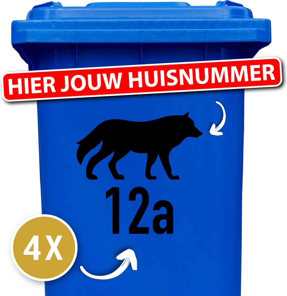 Container Sticker Huisnummer + Huisnummerr Wolf 4 Stuks - Zwart - 20 x 20 cm - kliko Sticker Voordeelset - Containerstickers - Weerbestendige Stickers - Stickers Buiten - Containersticker Huisnummer