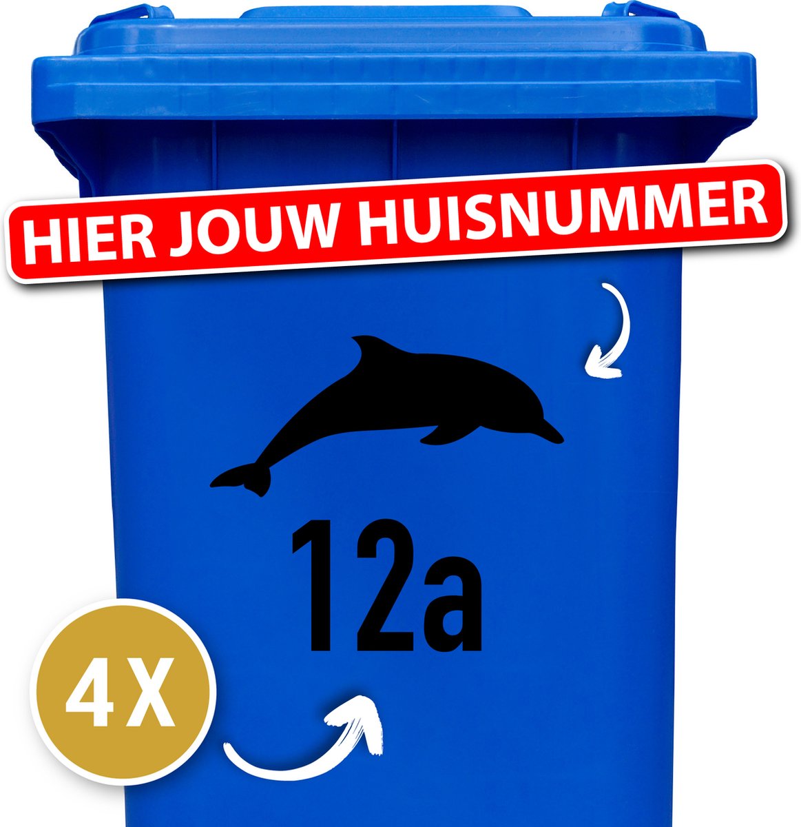 Container Sticker Huisnummer + Dolfijn 4 Stuks - Zwart - 20 x 20 cm - kliko Sticker Voordeelset - Containerstickers - Weerbestendige Stickers - Stickers Buiten - Containersticker Huisnummer - klikostickers - Cijfer Sticker