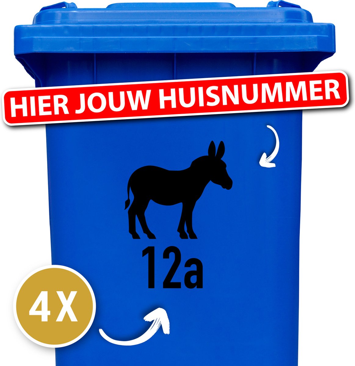 Container Sticker Huisnummer + Ezel 4 Stuks - Zwart - 20 x 20 cm - kliko Sticker Voordeelset - Containerstickers - Containersticker Huisnummer - klikostickers - Cijfer Sticker - Kliko Sticker Huisnummer - Kliko Sticker Dieren - Brievenbus Sticker
