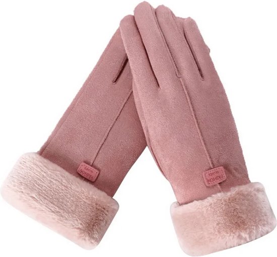 Handschoenen dames - touchscreen tip - imitatie suede - roze - met imitatiebonte voering - one size