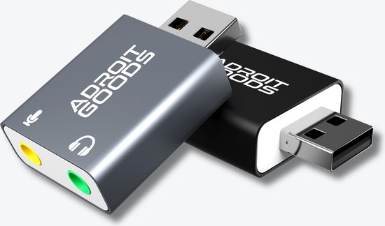 Twee compacte USB-geluidskaartadapters, grijs en zwart, met microfoon- en hoofdtelefoonaansluitingen.