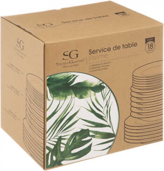 Boîte en carton avec le texte 'Service de table Palme' et une illustration de feuilles tropicales.