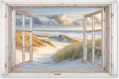 Tuinposter doorkijk strand - Tuindecoratie duinen - 120x80 cm - Natuur poster voor in de tuin - Buiten decoratie - Schutting raam tuinschilderij - Tuindoek muurdecoratie - Wanddecoratie balkondoek