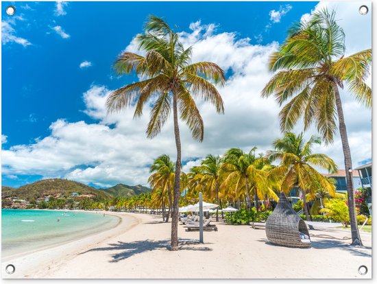 Tuinschilderij Strand - Ligbed - Palmbomen - 80x60 cm - Tuinposter - Tuindoek - Buitenposter