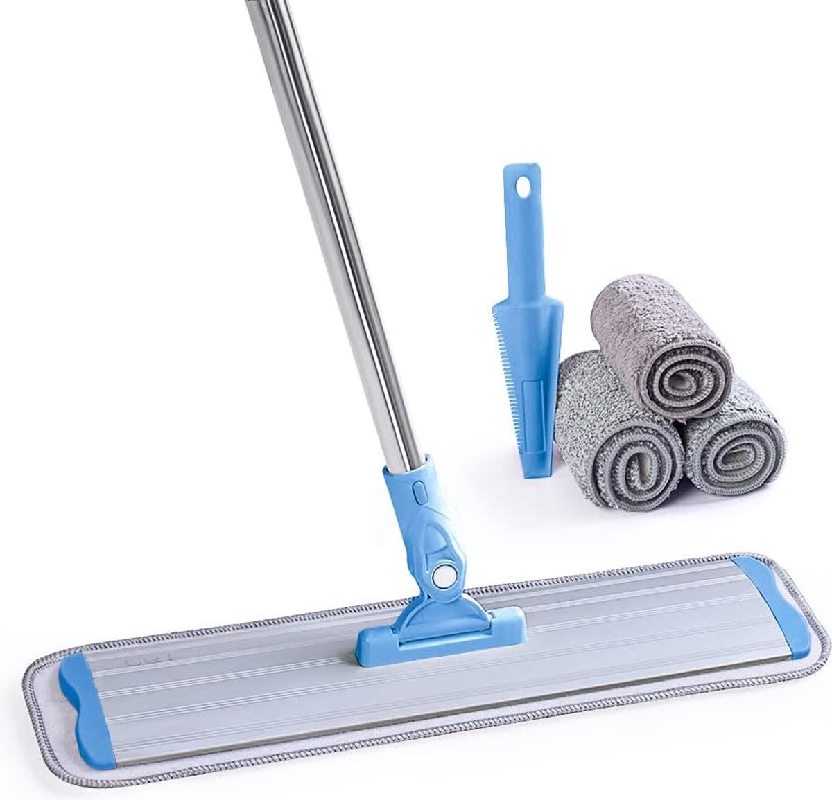 Goedkoopste Commercieel vlak microvezel vloermopreinigingssysteem 18 nat, droog en stofbaar laminaat tegelreiniger roestvrijstalen handvat en verlengstuk (blauw