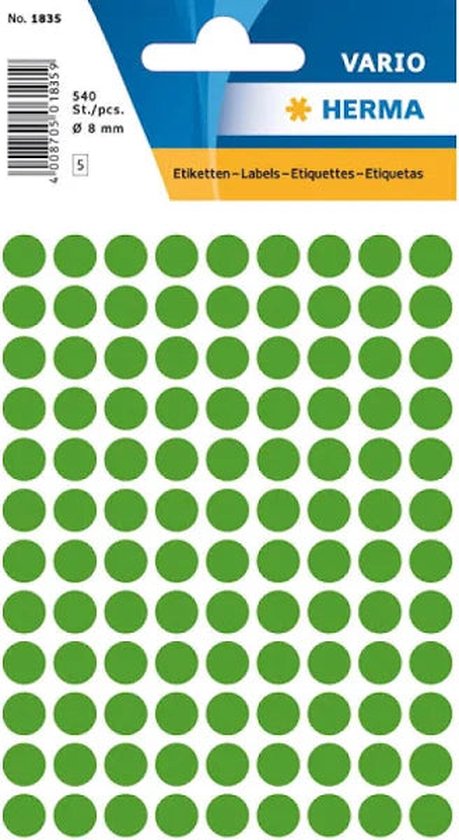 Pak met 540 donkergroene ronde stickers, 8 mm diameter. Herma VARIO.