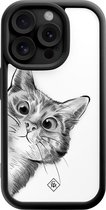 Casimoda® hoesje - Geschikt voor iPhone 15 Pro - Kat Kiekeboe - Effen telefoonhoesje met lensbescherming - TPU - Backcover - Zwart