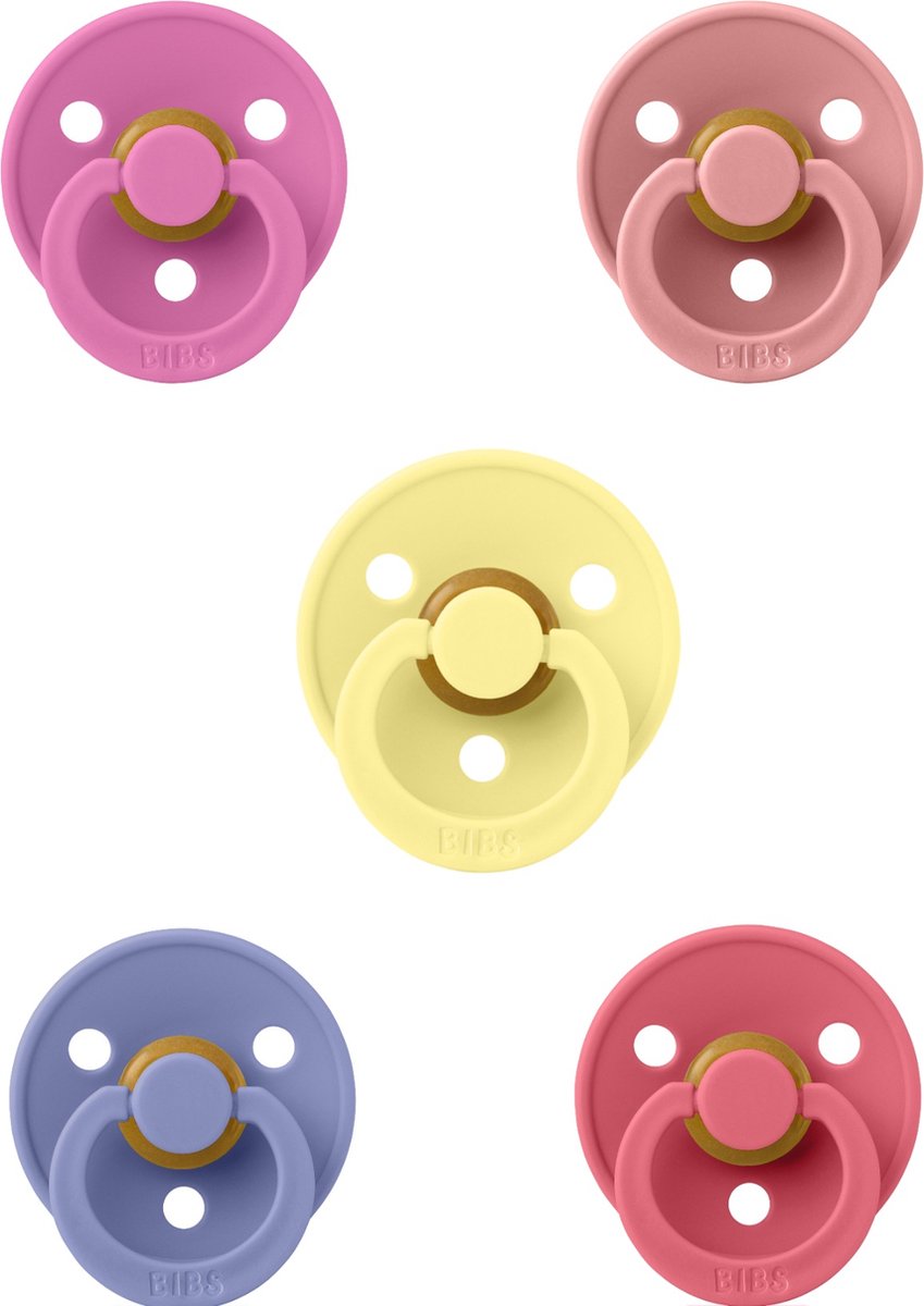 Goedkoopste Bibs fopspeen 0-6 maanden set 5 stuks Bubblegum,Peri,Coral,Sunshine en Dusty Pink maat 1