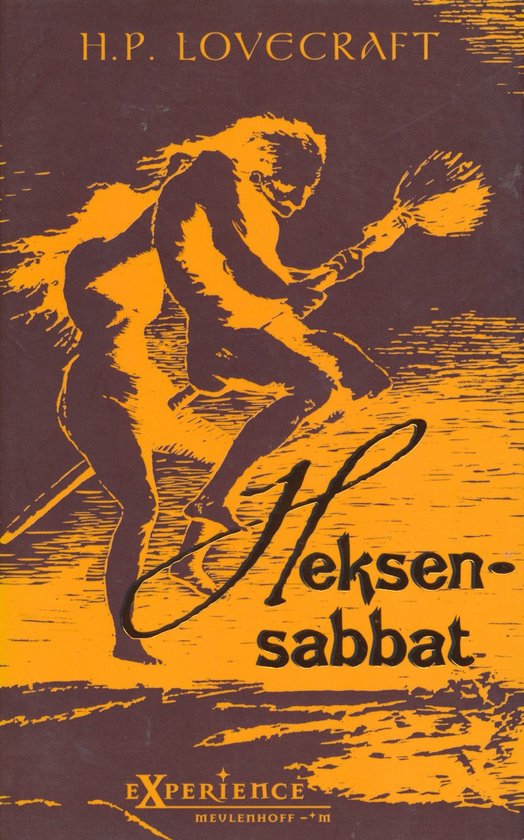 Boek "Heksensabbat" met een oranje afbeelding van een silhouet van een vrouw met een bezem.