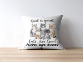 Coussin Cat Lover avec texte : Dieu est grand. Les Cats sont bons. Les gens sont fous. | Amoureux des Chats | Sort de Chats | Cadeau | Oreiller drôle | Cadeau | Coussin