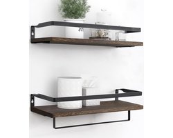 Wandrek, hout, zwart, metaal, zwevend rek, rustiek, industrieel, met handdoekhouder, decoratie, opbergrekken voor muur, badkamer, keuken, kinderkamer, woonkamer, hal, kantoor, set van 2