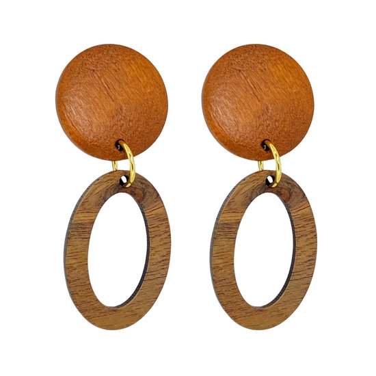 Clip- oorbellen- hout- bruin- ovaal- goudkleur- lang- geen gaatje- Charme Bijoux